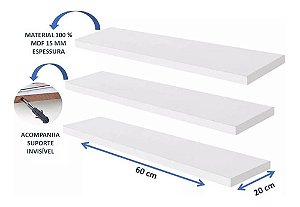 Kit 3 Prateleiras Mdf 60x20 com Suporte Invisível