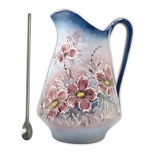 Jarra para Suco Leiteira Suqueira Jarro para Água de Porcelana 2,5 Litros com Colher Bailarina Pintado à Mão AZALEIAS