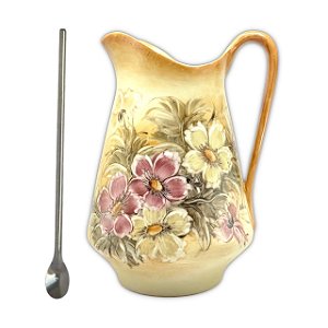 Jarra para Suco Leiteira Suqueira Jarro para Água de Porcelana 2,5 Litros com Colher Bailarina Pintado à Mão AZALEIAS