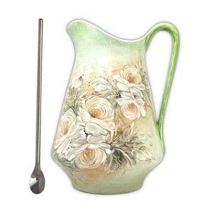 Jarra para Suco Leiteira Suqueira Jarro para Água de Porcelana 2,5 Litros com Colher Bailarina Pintado à Mão ROSAS