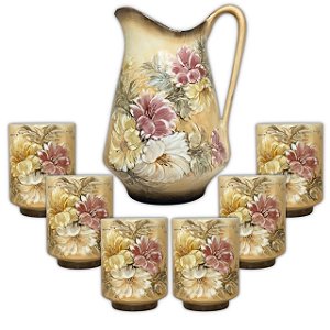 Jarra para Suco Sangria Chá Leiteira 2,5 Litros com 6 Copos de Porcelana 230 ml Pintado à Mão AZALEIAS BRANCA ROSA
