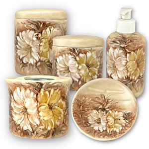 Kit Higiene de Banheiro 5 Peças de Porcelana Pintado à Mão AZALEIA BRANCA AMARELA/CHOCOLATE