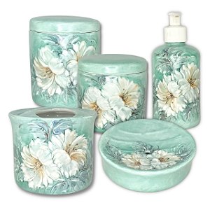Kit Higiene de Banheiro 5 Peças de Porcelana Pintado à Mão AZALEIA BRANCA/TIFFANY