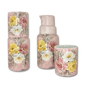 Moringa Jarra de Água Fresca 750 ml com Copo de Porcelana Pintada à Mão ROSAS BRANCA ROSA AMARELA/ROSA