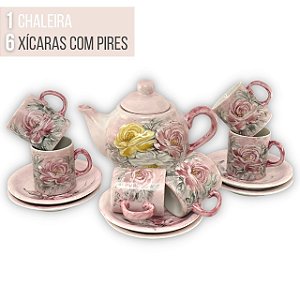 Jogo de 6 Xícaras de Café Reta 50 ml com Bule Chaleira Porcelana Pintado à Mão ROSAS BRANCA AMARELA ROSA/ROSA