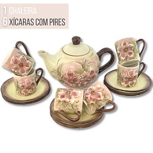 Jogo de 6 Xícaras de Café Cônica Coquinho 70 ml e Açucareiro de Porcelana  Pintado à Mão ROSAS BRANCA ROSA/ROSA CARAMELO