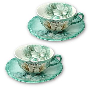 2 Xícaras de Chá Lady com Pires de Porcelana Extra Fina AZALEIA BRANCA/TIFFANY