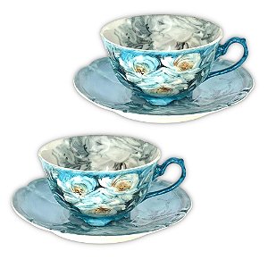 2 Xícaras de Chá Lady com Pires de Porcelana Extra Fina ROSAS BRANCA/AZUL PETRÓLEO