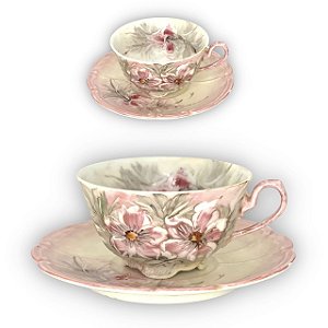 2 Xícaras de Chá Lady com Pires de Porcelana Extra Fina AZALEIA SILVESTRE ROSA/AMARELO-ROSA