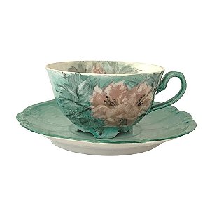 2 Xícaras de Chá Lady com Pires de Porcelana Extra Fina AZALEIAS ROSA/VERDE