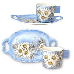 Xícara de Chá Café com Leite 190 ml com Bandeja de Lanche - MARGARIDAS BRANCA/AZUL
