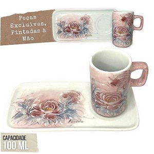 Caneca de Café 100 ml Xícara com Bandeja de Lanche Porcelana Retangular Pintada à Mão ROSA ROSA - ROSA