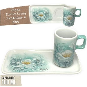 Caneca de Café 100 ml Xícara com Bandeja de Lanche Porcelana Retangular Pintada à Mão ROSA BRANCA - TIFFANY