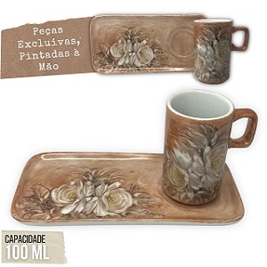 Caneca de Café 100 ml Xícara com Bandeja de Lanche Porcelana Retangular Pintada à Mão ROSA BRANCA - CHOCOLATE