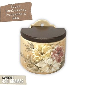 Saleiro de Parede Reto com Tampa Madeira Pequeno 420 grs Sal Pintado à Mão - AZALEIAS BRANCA AMARELA ROSA - CARAMELO