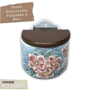 Saleiro de Parede Reto com Tampa Madeira Pequeno 420 grs Sal Pintado à Mão - AZALEIA SILVESTRE ROSA - AZUL
