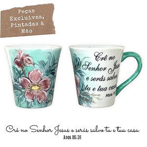 Caneca Tulipa Cônica Chá Café de Porcelana 190 ml Pintada à Mão Salmos Bíblicos Cre no Senhor AZALEIA SILVESTRE ROSA