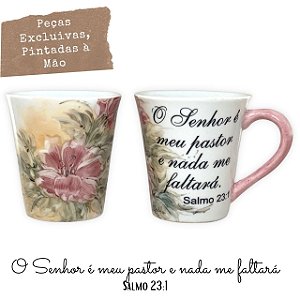 Jogo de 6 Xícaras de Café Cônica Coquinho 70 ml e Açucareiro de Porcelana  Pintado à Mão ROSAS BRANCA ROSA/CARAMELO - PINTANDO ARTE ATELIÊ