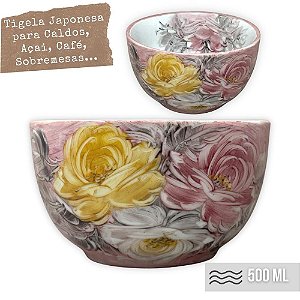 Bowl Tigela Japonesa Cumbuca de Porcelana Cereal Açai 500 ml Pintada à Mão ROSAS AMARELA ROSA BRANCA - ROSA