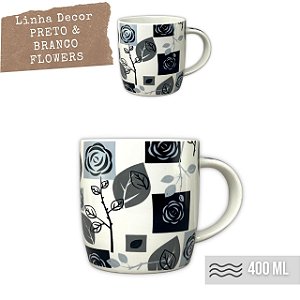 Caneca Cônica Chá Café Chocolate Quente de Porcelana Extra Fina 400 ml FAIXA FLORES BLACK FUNDO BRANCO