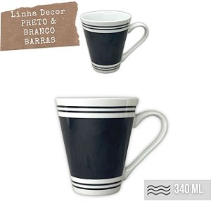 Caneca Cônica Chá Café Chocolate Quente de Porcelana Fina 340 ml FAIXA BARRAS LINHAS PRETAS
