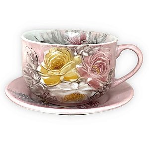 Jogo de 6 Xícaras de Café Cônica Coquinho 70 ml e Açucareiro de Porcelana  Pintado à Mão ROSAS BRANCA ROSA/CARAMELO - PINTANDO ARTE ATELIÊ