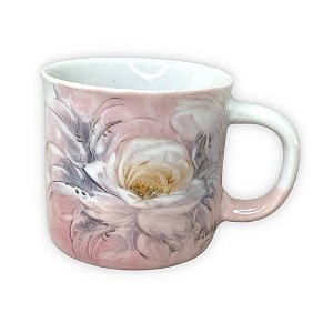 Caneca Ágata Café com Leite Chá de Porcelana 200 ml Colorida e Pintada à Mão ROSA BRANCA/ ROSA BRANCO