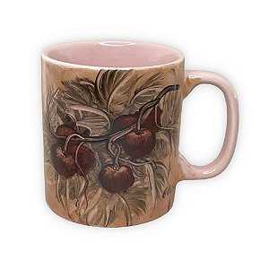 Caneca Café com Leite Chá Reta de Porcelana 230 ml Colorida e Pintada à Mão CEREJAS VERMELHAS / ROSA