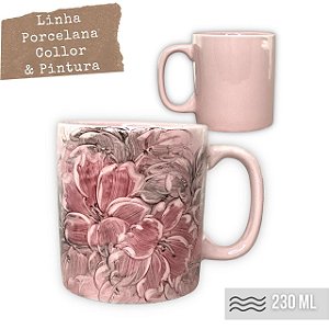 Caneca Café com Leite Chá Reta de Porcelana 230 ml Colorida e Pintada à Mão AZALEIA ROSA / ROSA