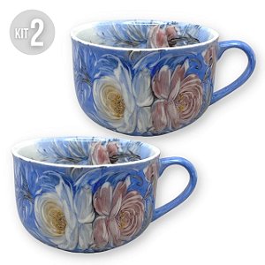 KIT 2 Consumê Jumbo Porcelana Xícara Grande Sopa Cereal 750 ml Pintada à Mão ROSAS BRANCA ROSA