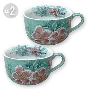 KIT 2 Consumê Jumbo Porcelana Xícara Grande Sopa Cereal 750 ml Pintada à Mão AZALEIA SILVESTRE ROSA