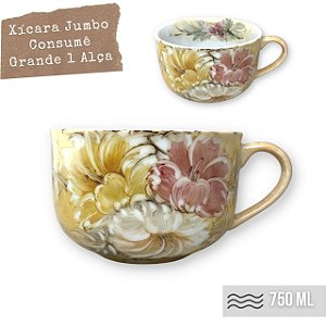 Caneca Jumbo Consume Porcelana Xícara Grande Sopa Cereal 750 ml AZALEIAS BRANCA ROSA AMARELA/AMARELO