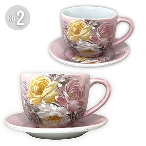 Kit 2 Consumê Jumbo com Prato 500 ml Caneca de Porcelana Xícara Grande Pintada à Mão ROSAS BRANCA ROSA AMARELA