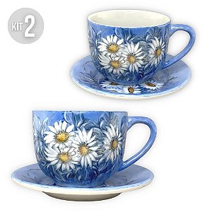 Kit 2 Consumê Jumbo com Prato 500 ml Caneca de Porcelana Xícara Grande Pintada à Mão MARGARIDAS BRANCAS
