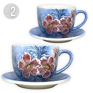 Kit 2 Consumê Jumbo com Prato 500 ml Caneca de Porcelana Xícara Grande Pintada à Mão AZALEIAS SILVESTRE ROSA