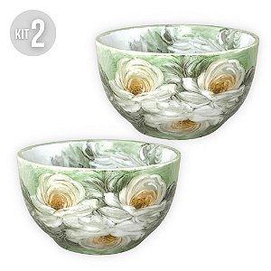 KIT 2 Bowls Tigela Japonesa Cumbuca de Porcelana Açai 500 ml Pintada à Mão ROSAS BRANCA