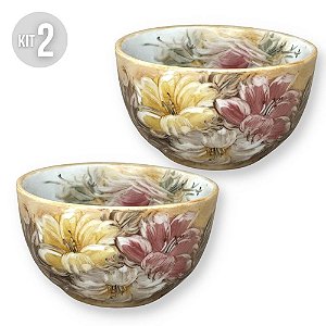 KIT 2 Bowls Tigela Japonesa Cumbuca de Porcelana Açai 500 ml Pintada à Mão AZALEIAS BRANCA ROSA AMARELA
