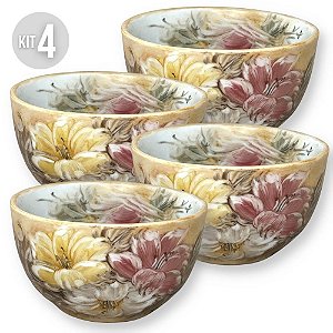 KIT 4 Bowls Tigela Japonesa Cumbuca de Porcelana Açai 500 ml Pintada à Mão AZALEIAS BRANCA ROSA AMARELA