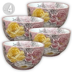 KIT 4 Bowls Tigela Japonesa Cumbuca de Porcelana Açai 500 ml Pintada à Mão ROSAS AMARELA ROSA BRANCA