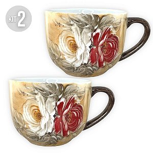 KIT 2 Caneca Jumbo 500 ml Consumê de Porcelana Xícara Grande Pintada à Mão ROSAS BRANCA VERMELHA