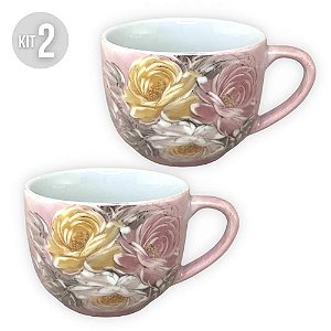 Jogo de 6 Xícaras de Café Cônica Coquinho 70 ml e Açucareiro de Porcelana  Pintado à Mão ROSAS BRANCA ROSA/CARAMELO - PINTANDO ARTE ATELIÊ