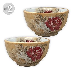 KIT 2 Bowls Tigela Japonesa Cumbuca de Porcelana Açai 500 ml Pintada à Mão ROSAS BRANCA VERMELHA