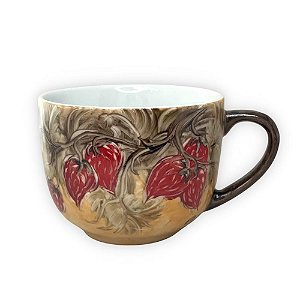 Caneca Jumbo Porcelana Xícara Grande Sopa Cereal 500 ml Pintada à Mão FRUTAS MORANGOS VERMELHOS