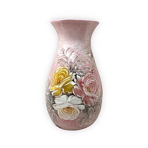 Vaso de Porcelana para Flores Jarro de Louça Grande Ampulheta 19 cm Pintado à Mão FLORAL ROSAS BRANCA ROSA AMARELA
