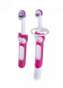 Escova de Dente Infantil MAM Learn to Brush Rosa - 5+ meses Embalagem Dupla