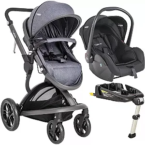 Carrinho Travel System Quantum  Melange com Azul Kiddo com Bebê Conforto e Base Isofix