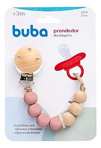 Prendedor de Chupeta Silicone e Bambu Buba Rosa