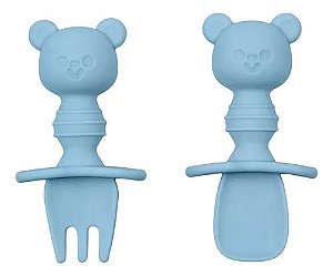 Kit Talheres Infantil Ursinho De Silicone Azul Buba