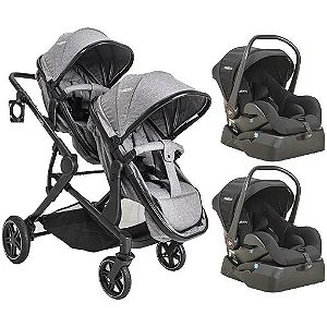 Carrinho Duplo Pair Kiddo com Bebê conforto e Base - Melange Cinza