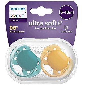 Kit Chupeta Avent Ultra Soft Dupla Verde e Amarela 6-18M